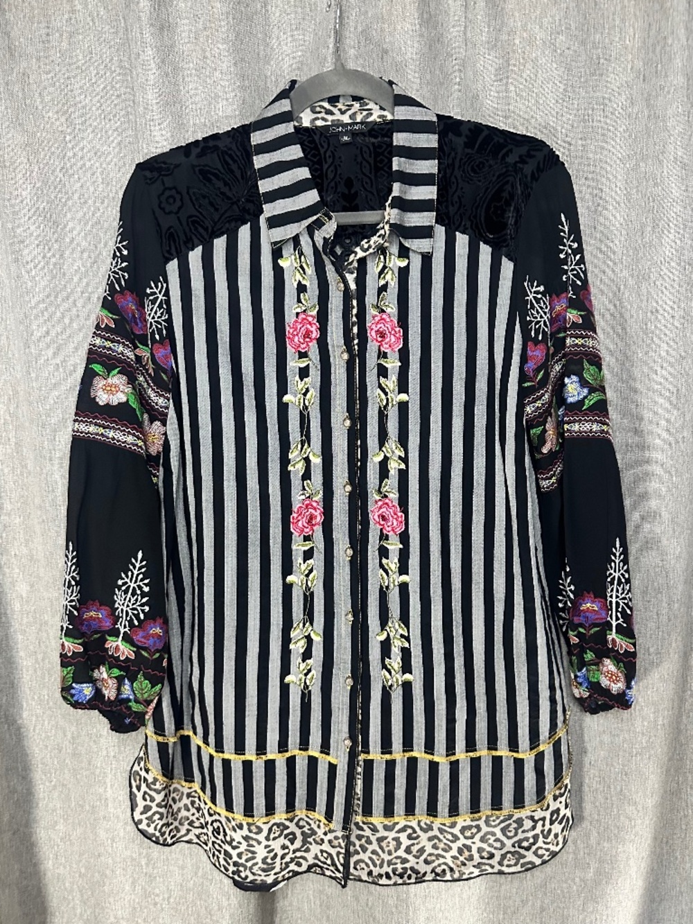 John Mark Mixed Media Embroidered Floral Striped Blouse Leopard Trim M